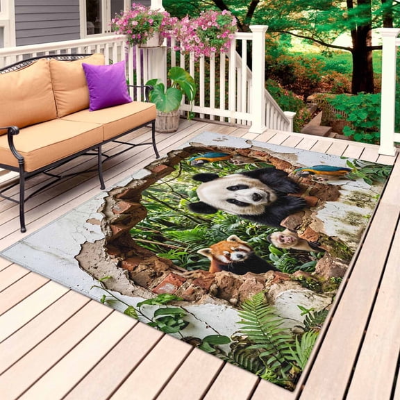 3D Forest Outdoor Rug for Patio/Deck/Porch, Non-Slip Large Area Rug 3 x 5 Ft, Modern Nature Optical Illusion Wild Animals Indoor Outdoor Rugs Washable Area Rugs, Reversible Camping Rug Carpet Runner