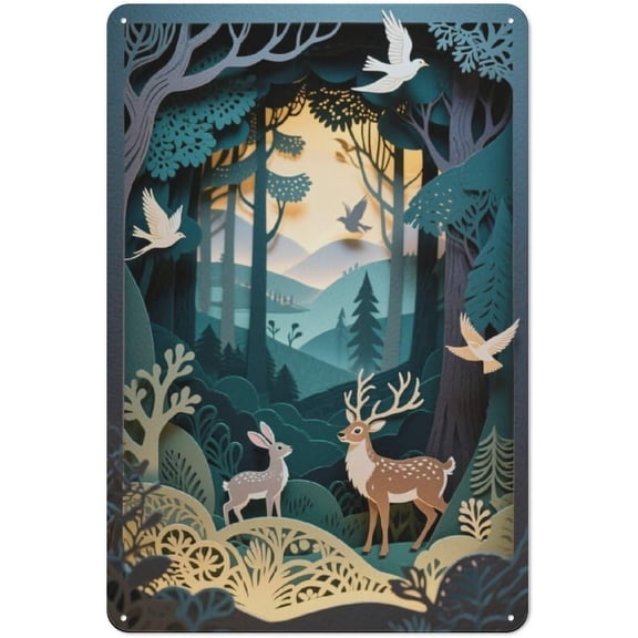 3D Forest Paper Cut Deer and Rabbit Woodland Scene Metal Tin Sign for Home Coffee Wall Decor 8x12 Inch