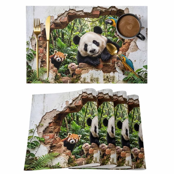 3D Forest Placemats Set of 4 Modern Nature Optical Illusion Wild Animals Place Mats Indoor Wipeable Table Mats Washable Cloth Dining Table Placemats for Kitchen Holiday Party Home Decor 13x19 Inch