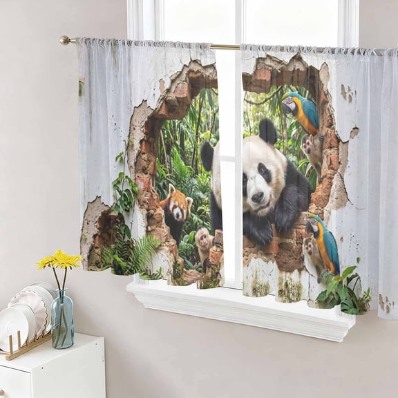 3D Forest Sheer Curtains 45 Inch Length 2 Panels Set, Modern Nature Optical Illusion Wild Animals Voile Window Treatment Rod Pocket Small Kitchen Curtains Drapes for Bedroom 52"x45"x2