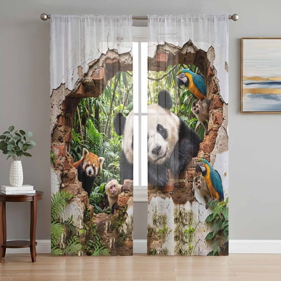 3D Forest Sheer Curtains 96 Inch Length 2 Panels Set, Modern Nature Optical Illusion Wild Animals Voile Window Treatment Semi Sheer Long Curtains Drapes for Bedroom/Living Room/Kitchen 52"x96"x2