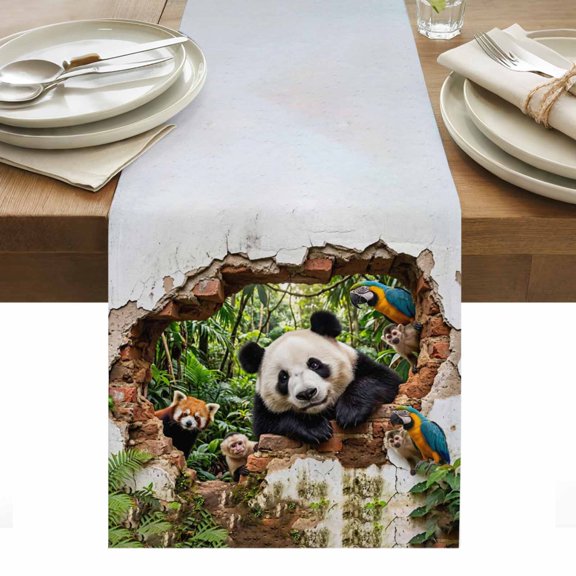 3D Forest Table Runner Modern Nature Optical Illusion Wild Animals Tablerunners 13 x 36 Inch, Table Decorations Tabletop Scarf for Summer Gathering Holiday Farmhouse Kitchen Dining Decor