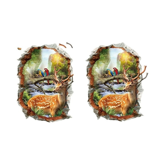 3D Forest Wall Stickers Decal With Deer And Parrots Nature Scene Wall Stickers Art For Home Decor Easy Peel And Stick