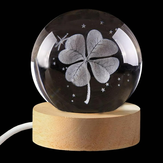 3D Four-Leaf Clover Crystal Ball 60mm Good Luck Gifts Ideas Glass Ball with Wooden Lighting Base