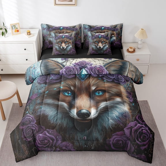 3D Fox Bedding Sets Woodland Animal Quilt with Flat Fitted Sheet 7 Piece Twin Rose Floral Gemstone Bed In A Bag Western Mysterious Comforter Set Dreamcatcher Decor