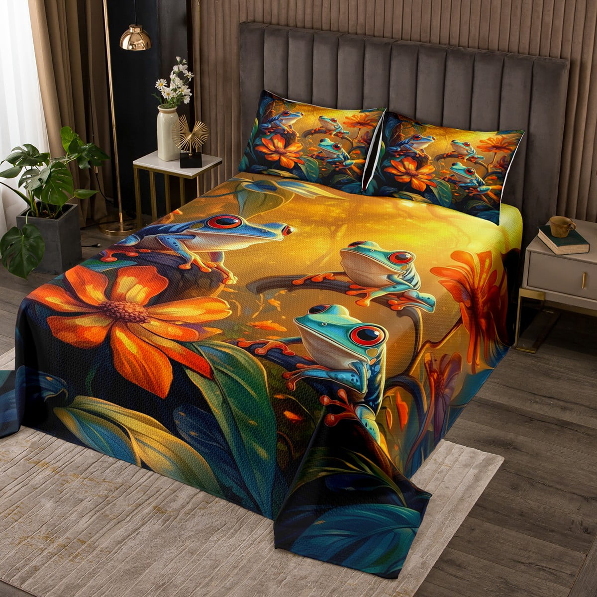 3D Frog Animal Coverlet Set Queen Size Tropical Jungle Flowers ...