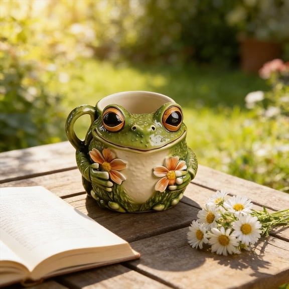3D Frog Ceramic Mug Holding Flower Coffee Cup