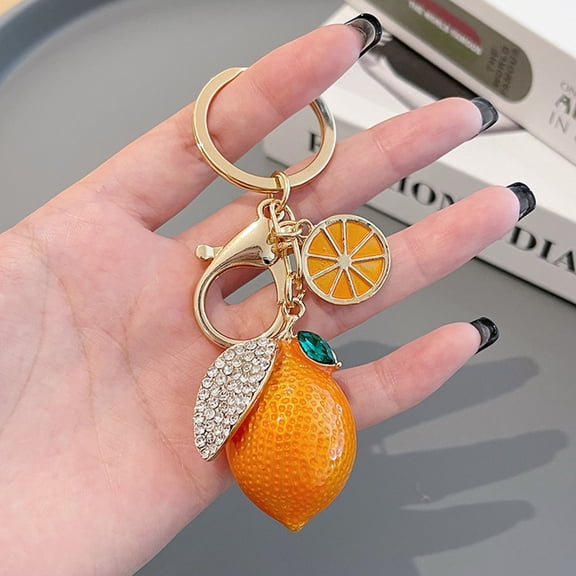 3D Fruit Keyring Lemon Charm Pendant Summer Style Decorative Alloy Rhinestone Keychain for Woman's Purse Bag Car Party Wedding Gift Jewelry