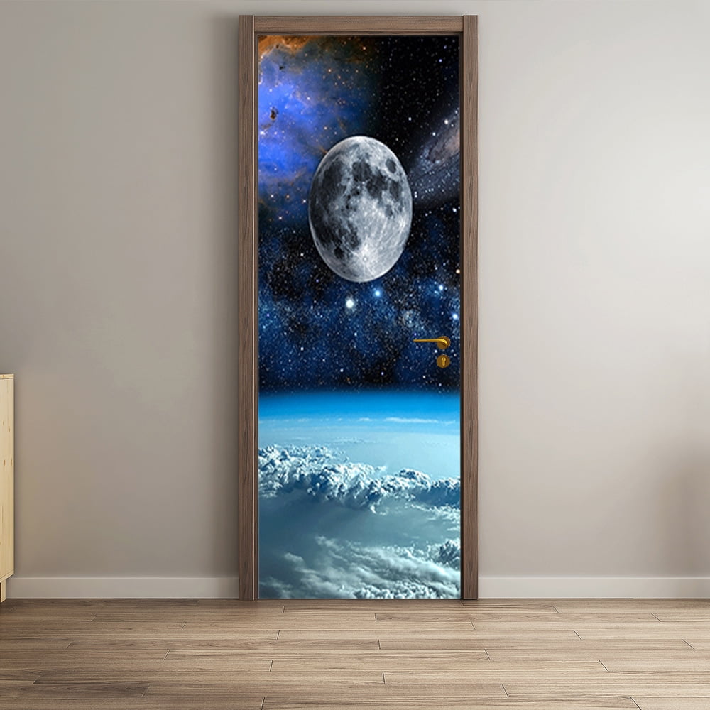 3D Full Moon Door DecorationMountain Wallpaper Decals Starry Sky Door