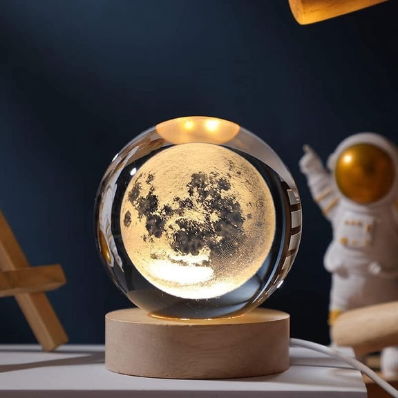 3D Galaxy Crystal Ball Moon Light for Kids with Colorful LED Light Base, Color Changing Light with Remote as a Birthday Gift for Teens Boys and Girls, 2.36" Diameter, Moon Model