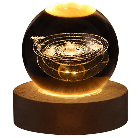 3D Galaxy Crystal Ball night light, LED Solar System Wooden base Crystal ball night light, Moon and Planet Crystal Ball light (Solar System)
