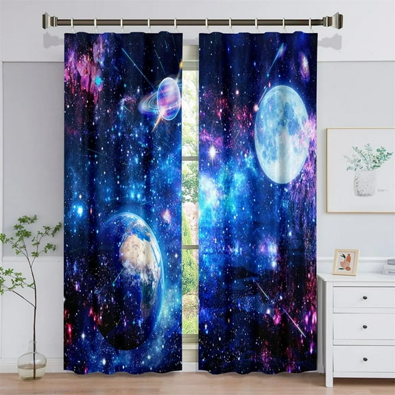 3D Galaxy Outer Space Universe Nebula Starry Sky Solar Planet 2 Pieces Shading Window Curtain for Living Room Bedroom Decor Hook