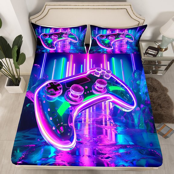 3D Gaming Fitted Sheet Blue Purple Neon Lights Gamepad Twin Bed Sheets ,Modern Game Controller Sheets,Rainbow Line Art Gamer Room Decor