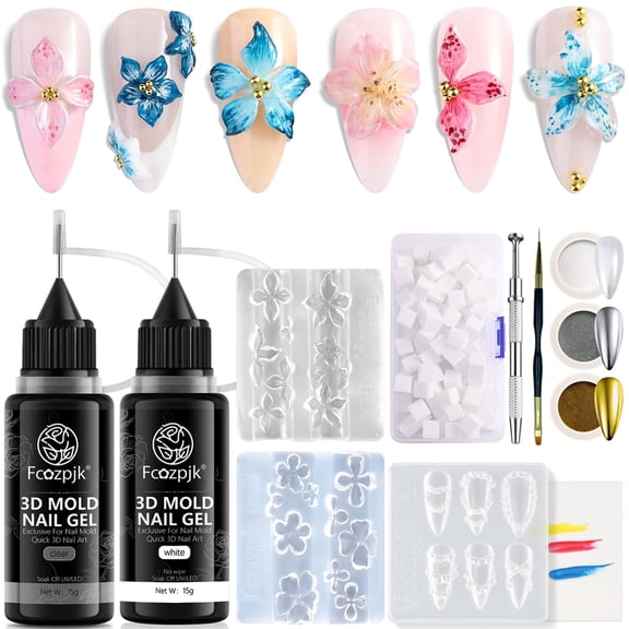 3D Gel Nail Art for Nails Starter Kit: 15ML Clear and White 3D Sculpting Gel with 3PCS Silicone Flowers Nail Charm Molds Gold Silver Chrome Powder Ombre Sponges Salon Supplies DIY Manicure
