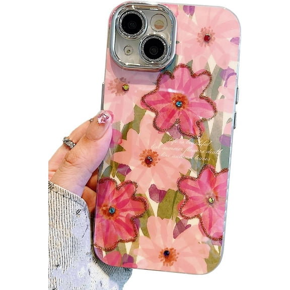 3D Gemstone Oil Painting Flower Bling Diamond Camera Lens Protector Soft  for iPhone Case (Pink,iPhone 15 Pro)
