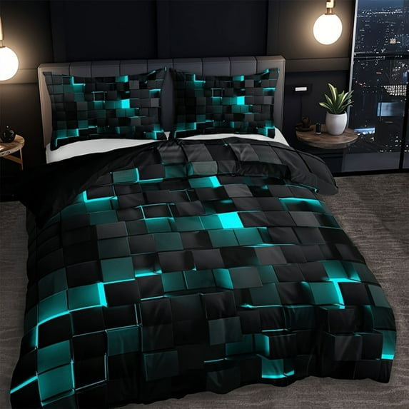 3D Geometric Bedding Set With 1 Duvet Cover And 2 Pillowcases - Teal And Black Pattern, Soft And Comfortable For Bedroom, Guest Room, Dorm Room