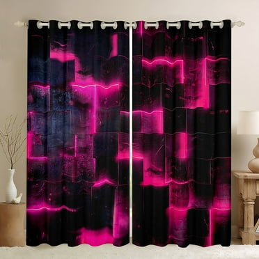 3D Geometric Blackout Curtains Abstract Aesthetic Curtains & Drapes, Black and Hot Pink Curtains Glowing Futuristic Cubes Black Out Curtains, Neon Grid Window Drapes