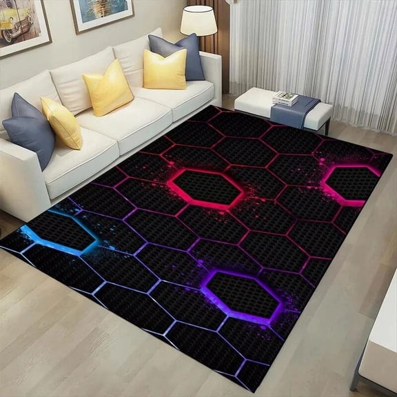 3D Geometric Carpet Neon Lights Rugs Hexagons Carpets for Home Play Gaming Room Decor Living Room Bedroom Teens E-Sport Rug Mat