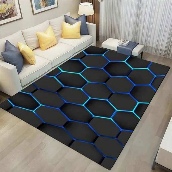 3D Geometric Carpet Neon Lights Rugs Hexagons Carpets for Home Play Gaming Room Decor Living Room Bedroom Teens E-Sport Rug Mat