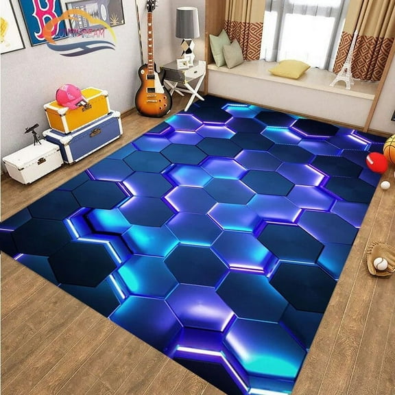 3D Geometric Carpet Neon Lights Rugs Hexagons Carpets for Home Play Gaming Room Decor Livingroom Bedroom Teens E-Sport Rug Mat