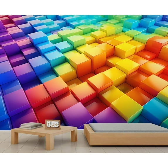 3D Geometric Cube Murals, Colorful Cube Wall Mural For Living Room Bedroom, Modern Fashion Murals, Solid Geometry Wall Poster, Geometry Home Decor & Gift 55"W x 28"H (Not Peel and Stick)