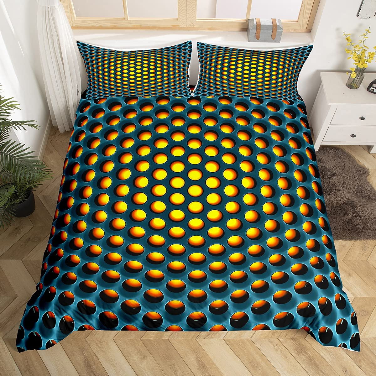 3D Geometric Duvet Cover Set Full Size Geometry Bedding Sets Hexagon with Pink Blue