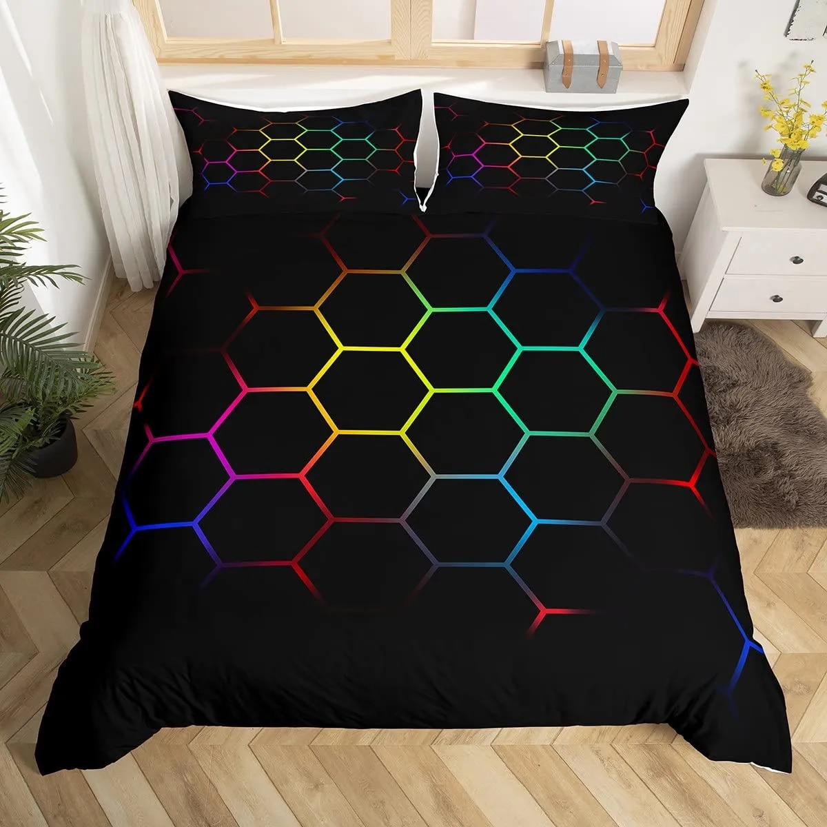 3D Geometric Duvet Cover Set Full Size Geometry Bedding Sets Hexagon with Pink Blue