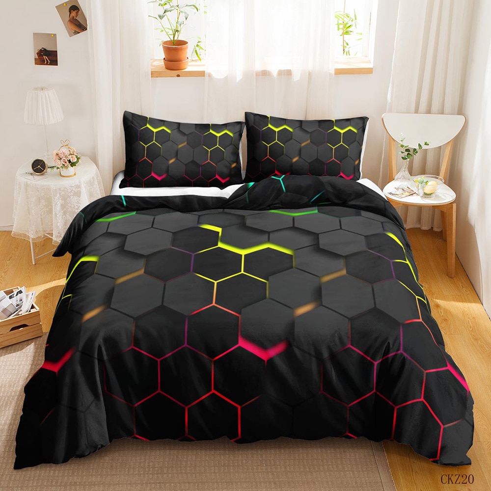 3D Geometric Duvet Cover Set Full Size Geometry Bedding Sets Hexagon with Pink Blue