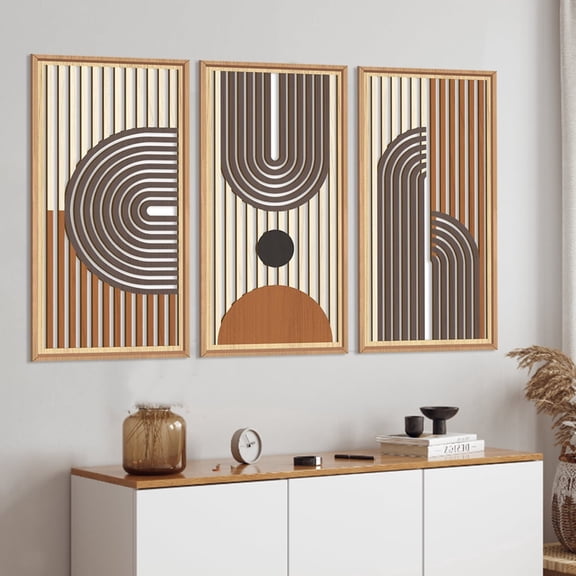 HPNIUB 3D Geometric Line Wooden Framed Wall Art Boho Mid Century Modern Sculpture Wall Decor Set of 3 for Living Room Bedroom 16x32 Inch
