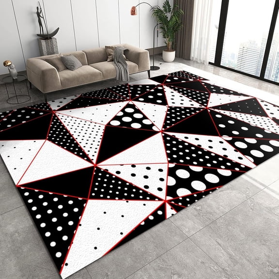 3D Geometric Marble Bedroom Rug, Black and White Round Spots Triangle Red Lines Non-Slip Mat, Living Room Rugs Fine Fluff Easy Care Apply to Cafe Office Door Mats Porch 2x3ft