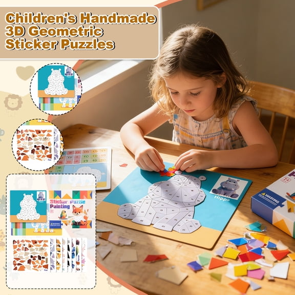 3D Geometric Sticker Puzzle - Diy Educational Sticker Art And Kindergarten, 8Pc Base Cards & 8Pc Stickers, 3D Puzzle Painting Craft Kit With Pre-Cut Shapes, Early