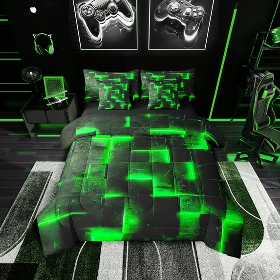 3D Geometric Twin Comforter Set 7-Piece Abstract Aesthetic Bedding Comforter Sets, Black and Green Bed in a Bag Glowing Futuristic Cubes Bedding Set, Neon Grid Bed Sheets Set