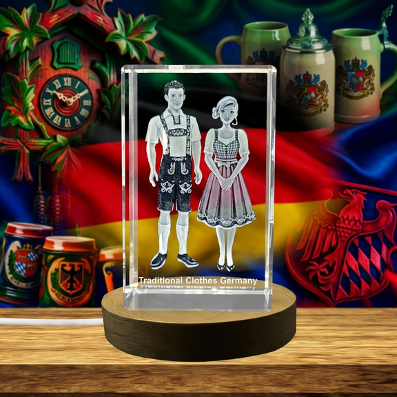 3D German Couple Crystal Award Engraved Folk Art Trophy Figurine with LED Base