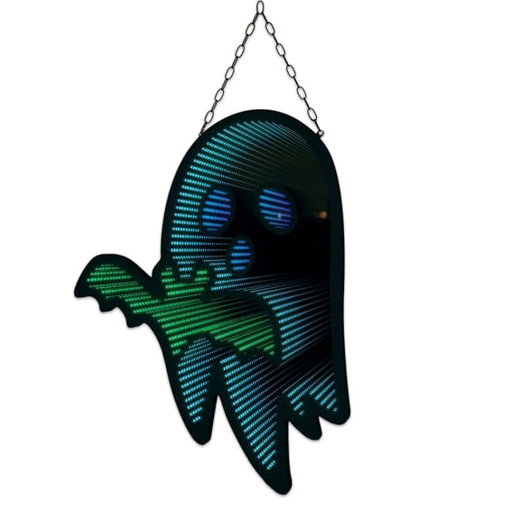 3D Ghost LED Infinity Mirror, 12" x 16.5", Festive Whiteand Green Lighted Halloween Motif, USB & Battery Powered, Built‑In Timer