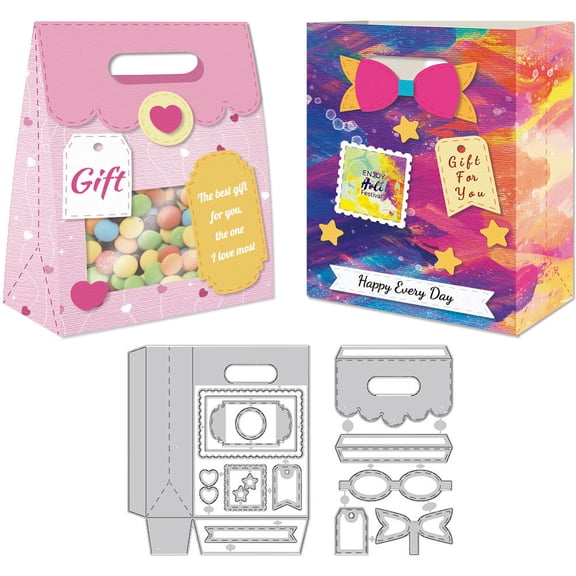 3D Gift Bag Die Cuts for Card Making Gift Box Carbon Steel Cutting Dies Borders Stitch Scrapbooking with Tie Embossing Template Dies for DIY