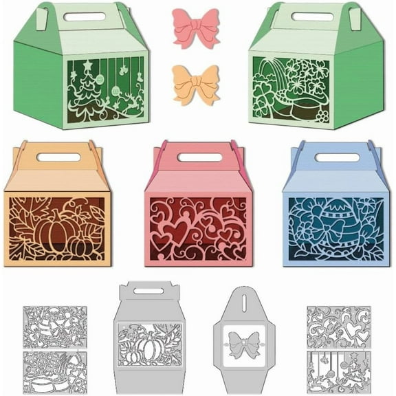 3D Gift Box Cutting Dies Festival Gift Bag Dies Cut Metal Die Cuts Embossing Stencils Template with Hollowed-Out Christmas Trees Bows Hearts Easter Eggs for Gift Packaging Christmas Easter for DIY