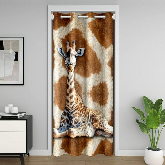 3D Giraffe Door Curtain,Giraffe Print Blackout Curtain,Wildlife Giraffe Door Drape 52"W X 80"L,Brown Safair Animal Room Divider Curtain,Rustic Farmhouse Closet Curtain
