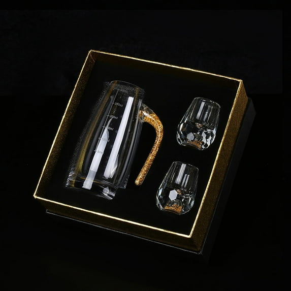 3D Glacier Whiskey Glass Cup Crystal Gold Foil Shot Glasses,Shot Glasses Set with 24K Gold Flakes,Luxury Tiny Shot Cups Drinking Glassware for Whiskey,Tequila,Vodka (1-Wine jug+6-Wine glass(300ml))