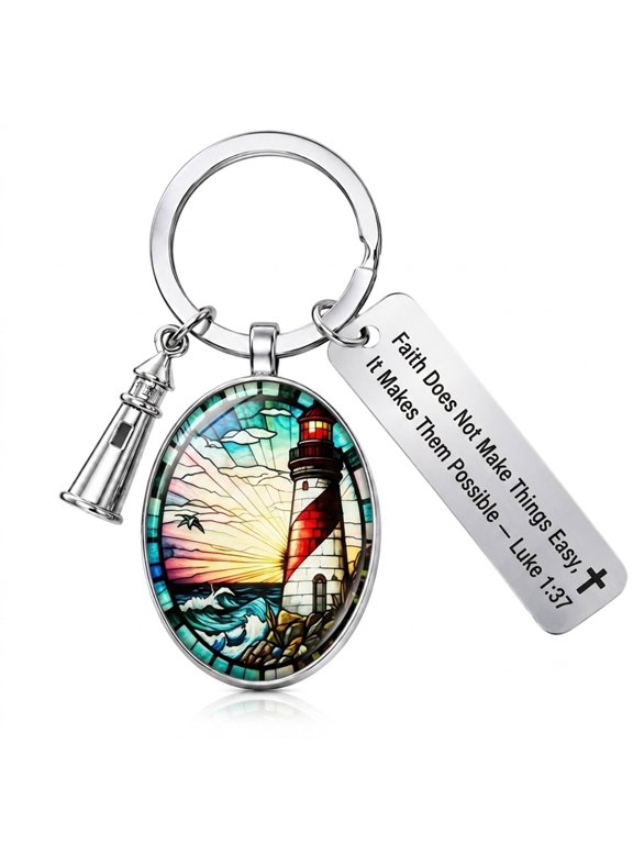 3D Glass Lighthouse Keychain with Bible Verses, Christian Gifts for Women Faith Faith Does Not Make Things Easy, It Makes Them Possible - Luke 1:37