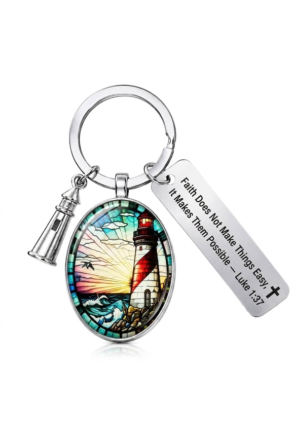 3D Glass Lighthouse Keychain with Bible Verses, Christian Gifts for Women Faith Faith Does Not Make Things Easy, It Makes Them Possible - Luke 1:37