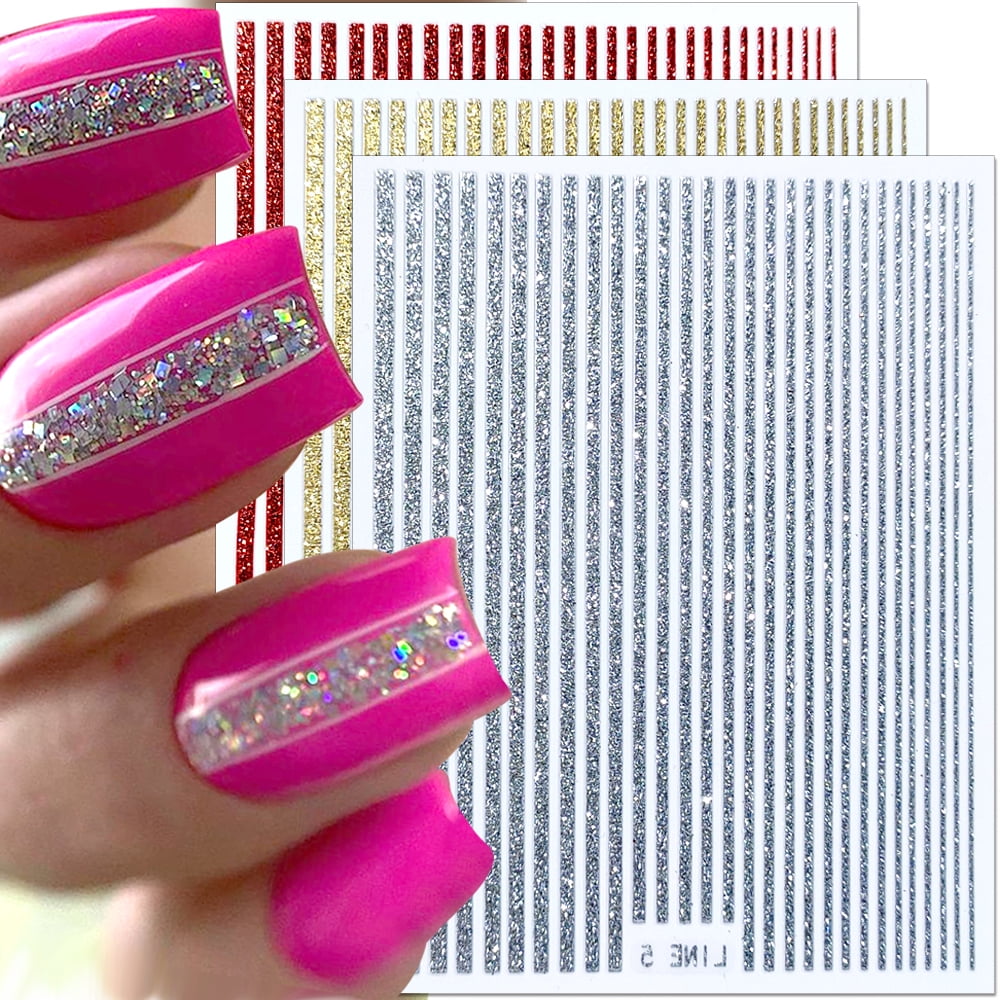 3D Glitter Lines Nail Stickers Holographic Nail Art Stickers Metal Stripe Nail Decals Self