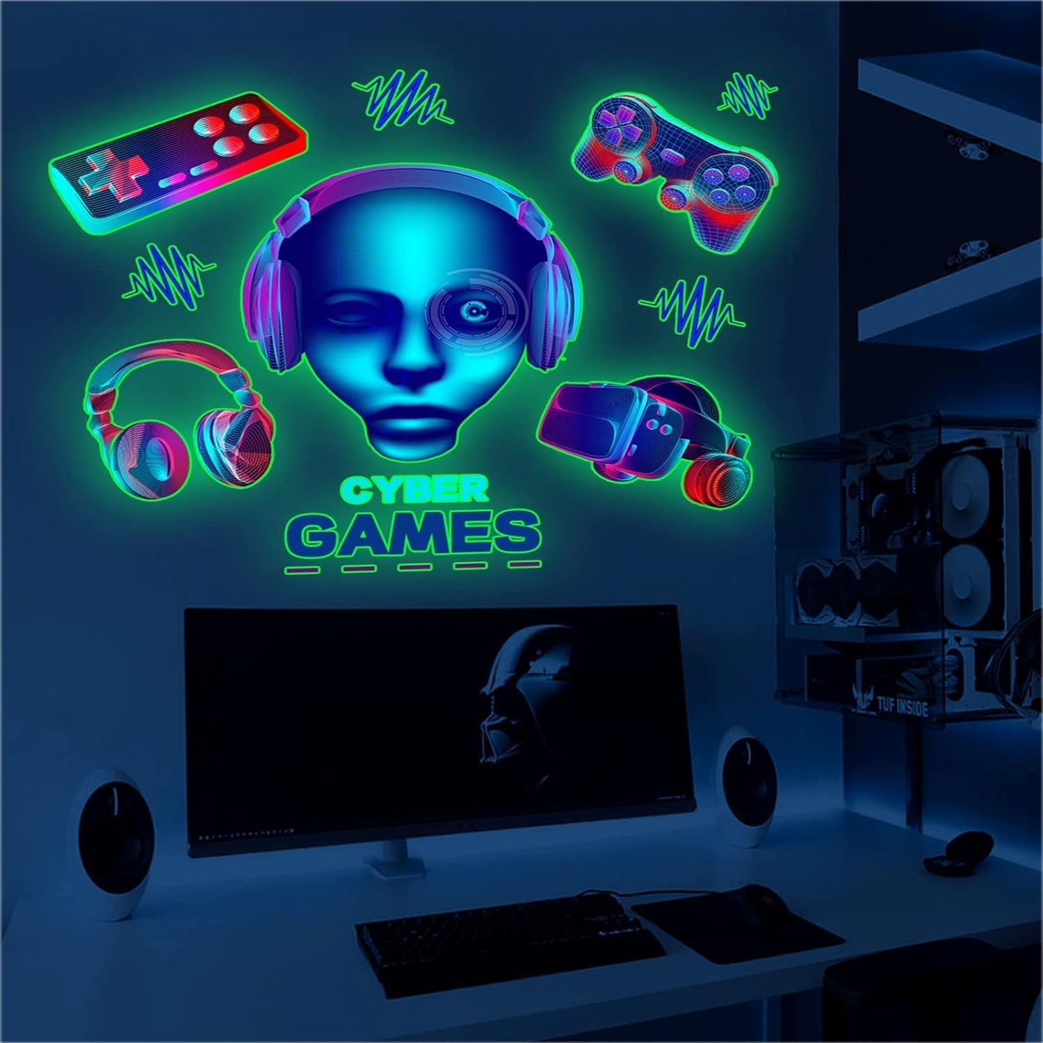 3D Glow In The Dark Stickers, Wall Decal Gamer Boy, Wall Stickers Video ...