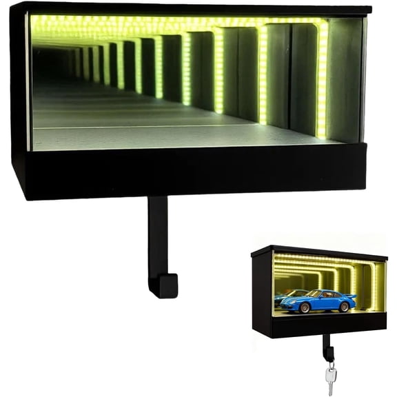 3D Glowing Illusion Infinity Garage Keychain Hanger - Wall Mounted Mirrored Key Holder with LED Lights, Creative Race Car Display Box Hooks for Home Entryway/Hallway, Perfect Gift for Car Lovers
