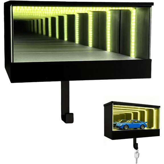 3D Glowing Illusion Infinity Garage Keychain Hanger - Wall Mounted Mirrored Key Holder with LED Lights, Creative Race Car Display Box Hooks for Home Entryway/Hallway, Perfect Gift for Car Lovers