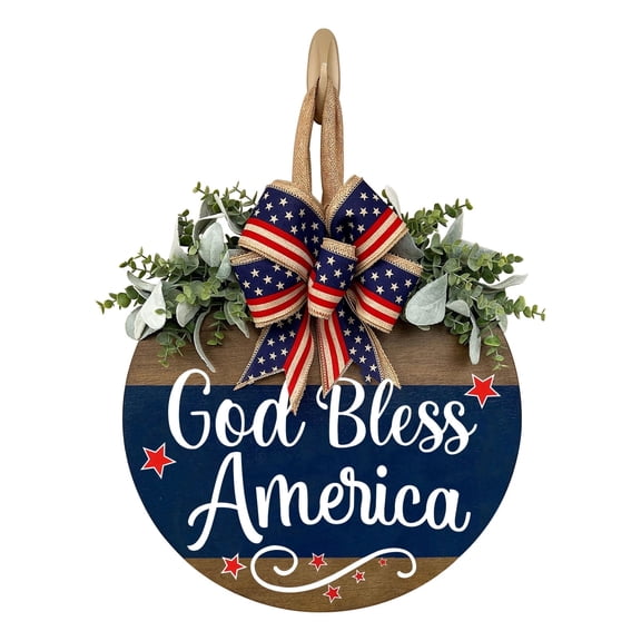 3D God Bless America Patriotic Wooden Door Hanger, 12 in Round Front Door Sign with Bow & Greenery, 4th of July Memorial Day Porch Wall Decor, Two-Tone Rustic Woodgrain Style