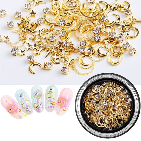 3D Nail Metal Studs Charms Punk Star Moon Jewelry Decoration Gold Nail Decals Manicure Design Supplies For Women Fingernails Toenails Tips