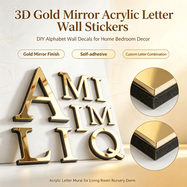 3D Gold Mirror Acrylic Letter Wall Stickers, DIY Alphabet Wall Decals, Self Adhesive Letter Mural for Home Bedroom Decor
