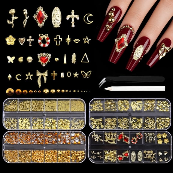 3D Gold Nail Charms Set, 4 Boxes with Pearls, Rhinestones and Tools