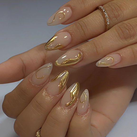 3D Gold Press on Nails Almond French Tip Fake Nails Medium Length Glue on Nails with Designs Cute Acrylic False Nail Tips Glossy Handmade Stick on Nails for Women Finger Manicure 24Pcs