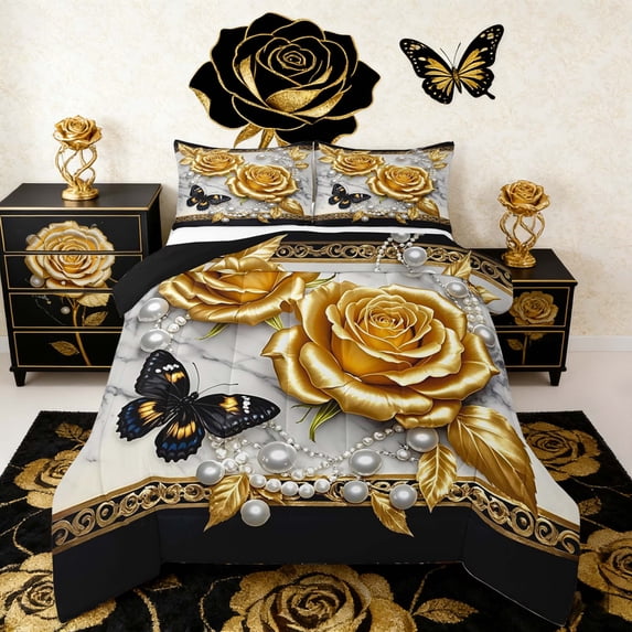3D Gold Rose Floral Bedding Toddler Comforter Set for Girls, Chic Butterfly Down Comforter, Luxury Pearl Print Bedding Sets Toddler with Comforter, Lightweight Bedroom Decoration, 2 Pieces Reversible